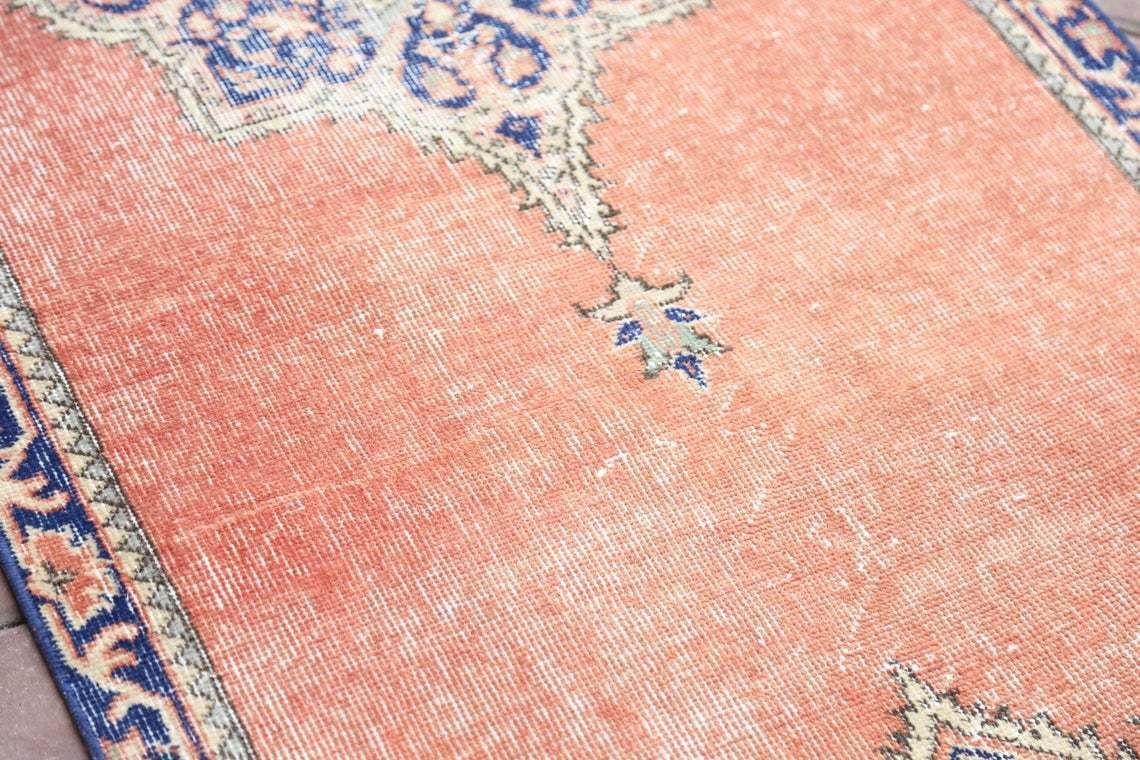86x369 Cm Turkish Runner Rug, Vintage Oushak Runner Rug, Bohemian Rug, Wool Rug, Home Decor, Boho Rug, Carpet Orange Faded Navy Blue photo buy