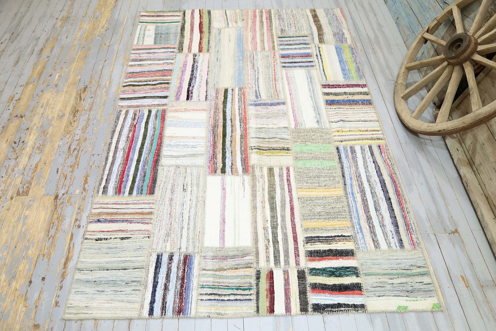 199x299 Cm Flatweave Beige White Turkish Rug, Vintage Striped Kilim, Home Decor, Patch Area Rug, Ivory Gray Kelim Carpet