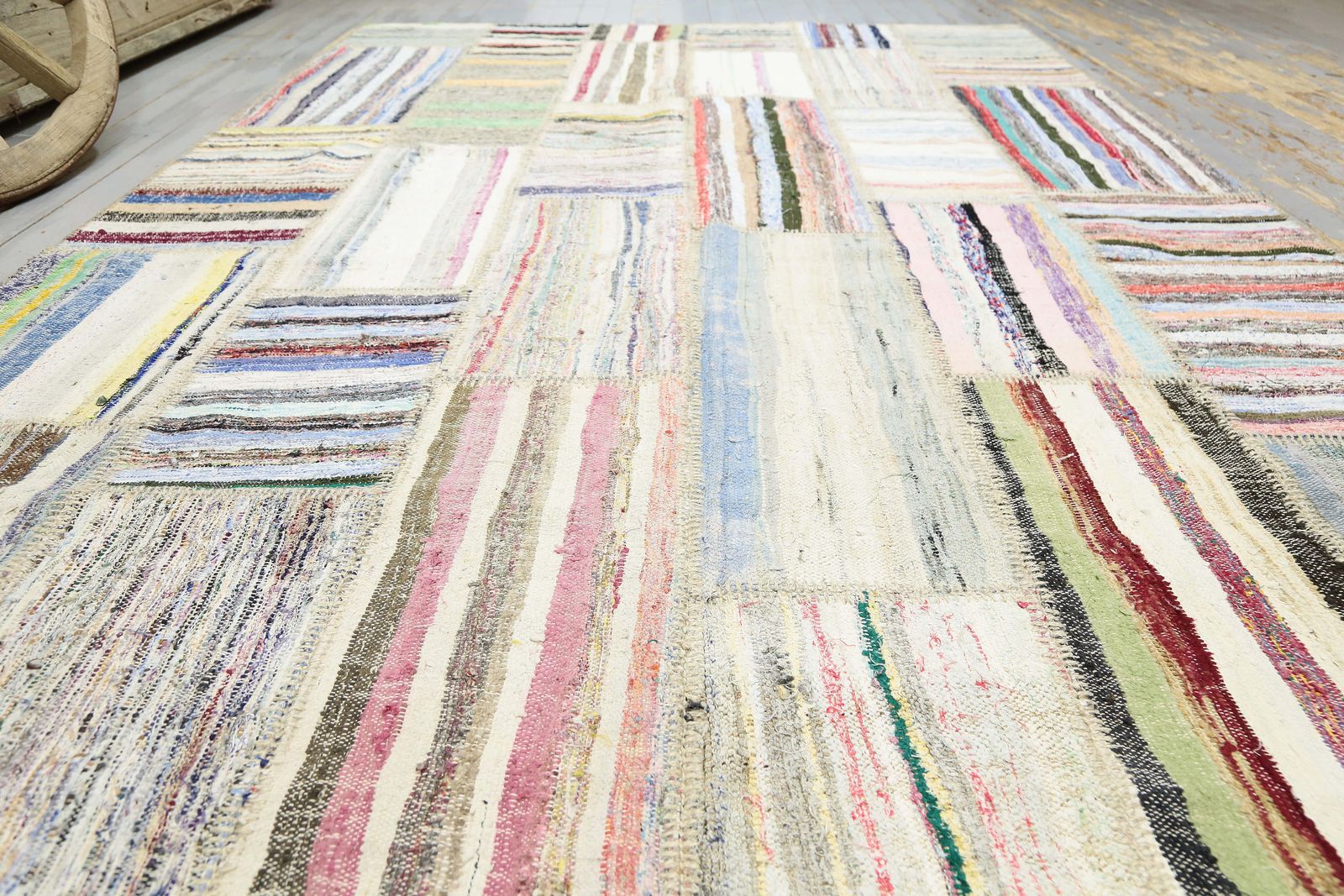 199x299 Cm Flatweave Beige White Turkish Rug, Vintage Striped Kilim, Home Decor, Patch Area Rug, Ivory Gray Kelim Carpet photo for sale