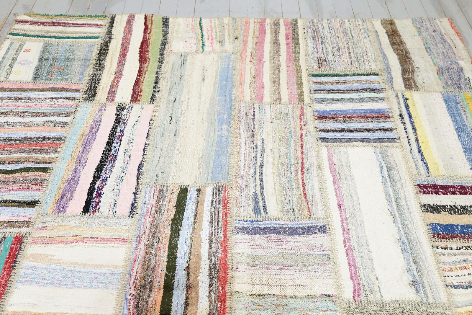 199x299 Cm Flatweave Beige White Turkish Rug, Vintage Striped Kilim, Home Decor, Patch Area Rug, Ivory Gray Kelim Carpet photo Textiles