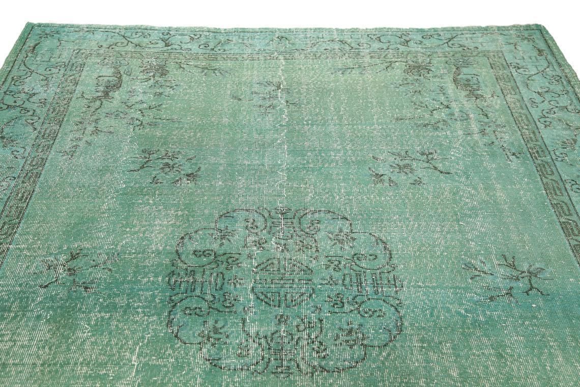7x10.2, Teal Turkish Rug, Wool Rug, Vintage Rug, Home Decor, Area Rug, Distressed Rug, Bohemian Rug, Oushak Rug, Teal Decor, Turquoise photo vinterior