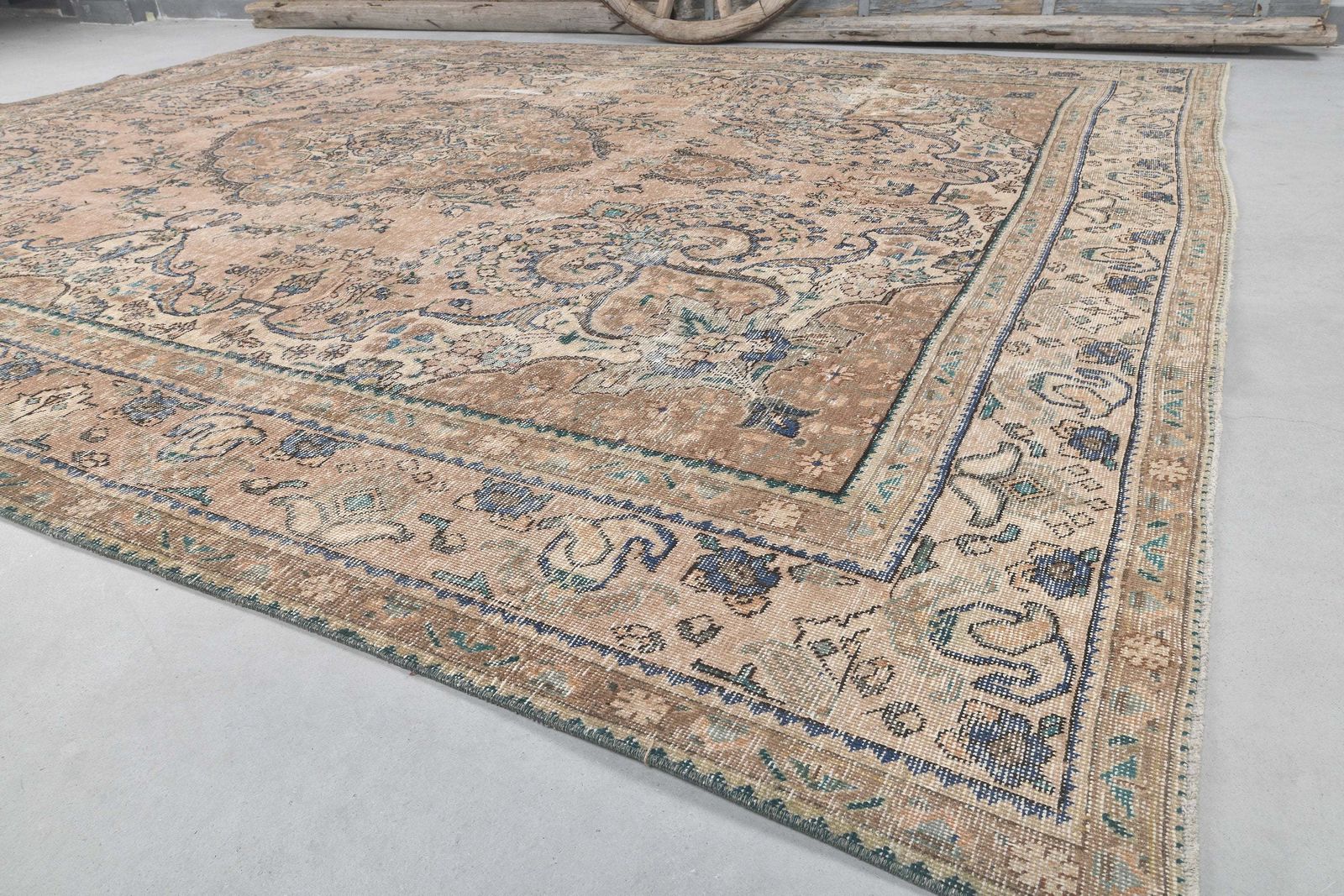 288x378 Cm Faded Beige Brown Turkish Rug, Vintage Rug, Wool Handmade Rug, Oriental Rug, Home Decor Living Room Rug Extra Large Navy Blue Motif photo vinterior