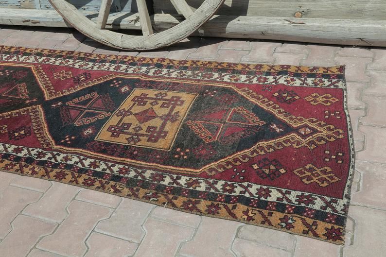 Hallway Runner, Turkish Runner, Gypsy, Vintage Runner, Wool, Handmade, Oushak Bohemian Runner, Long Runner, Geometric, Claret Red photo Textiles