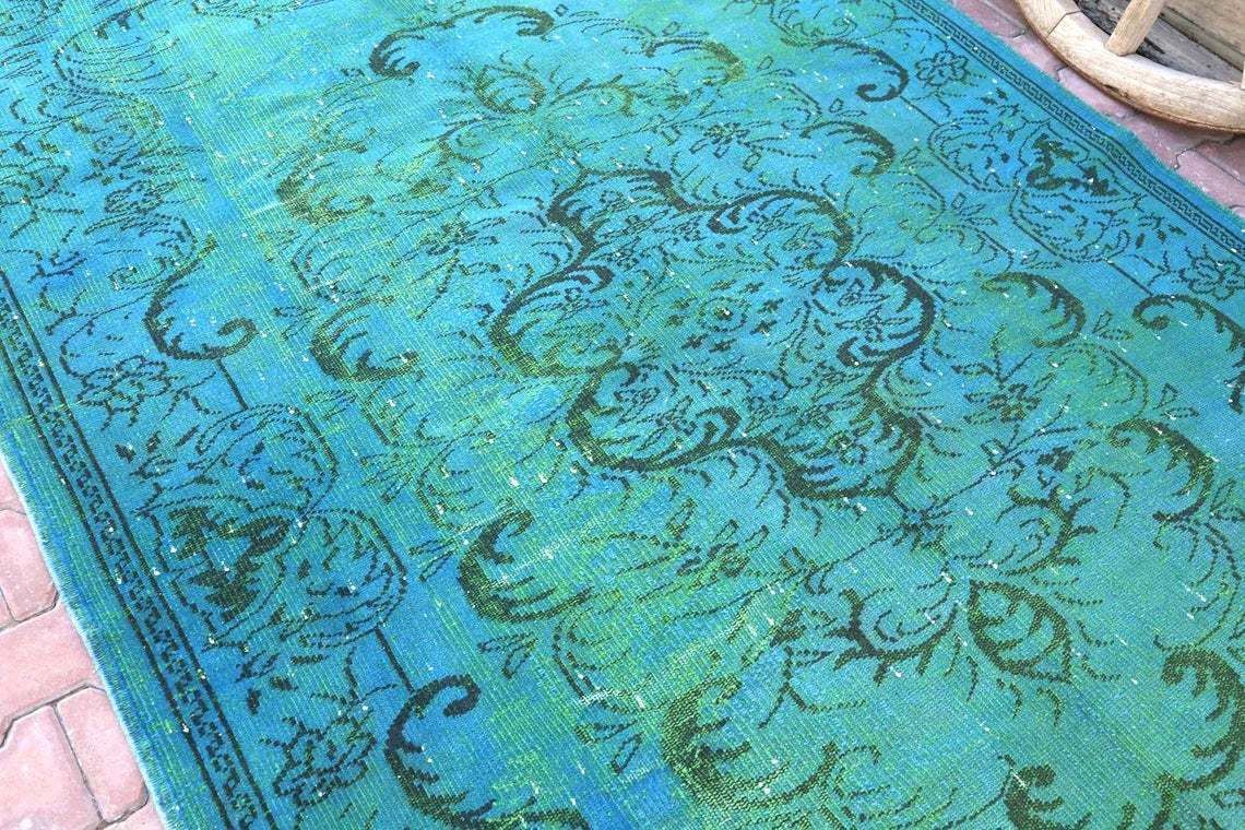 6.1x9.5, Modern, Turkish Rug, Vintage Rug, Area Rug, Turquoise Oushak Rug, Floor Decor, Teal, Blue, Greenish Central Motif Unique, Suffe Art photo Textiles