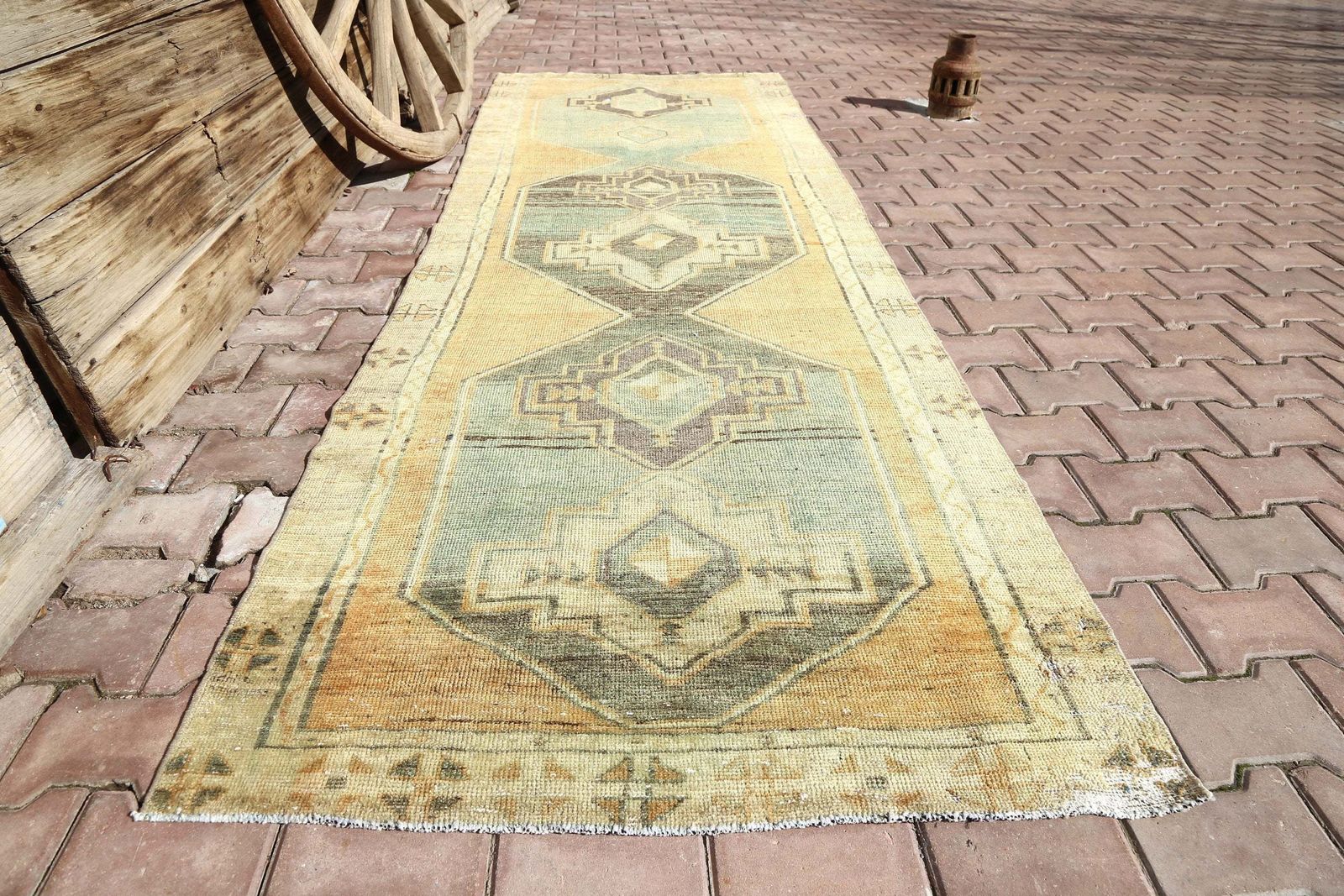 108x322 Cm Jade & Beige, Turkish Rug Runner, Hallway Runner Rug, Runner Rug, Turkish Rug, Handwoven Rug, Faded Orange Beige Oushak Boho