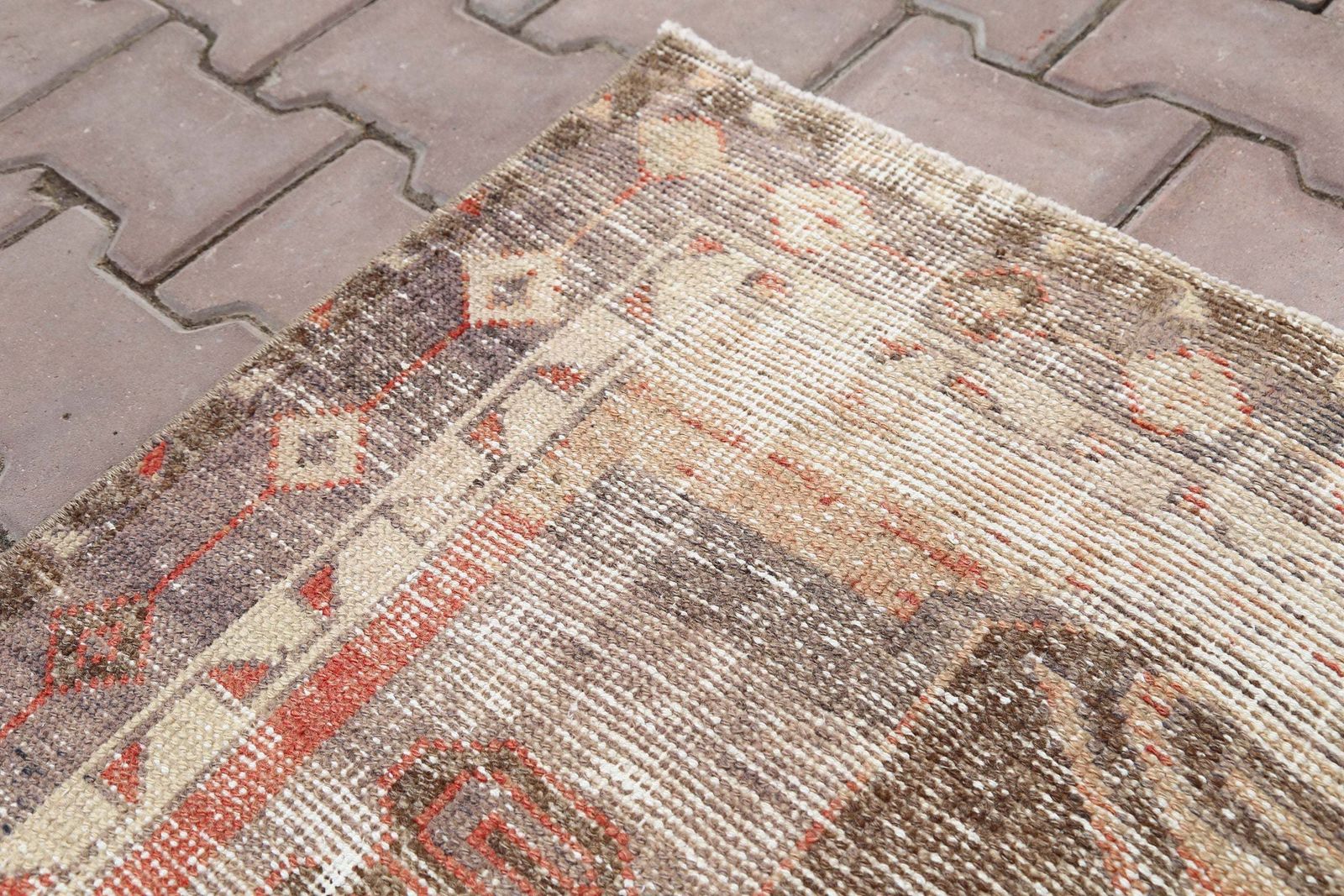 109x370 Cm Turkish Runner, Faded Red, Brown, Turkish Rug Runner, Runner Rug Red, Oushak Rug,Distressed Rug, Runner, Red photo vintage