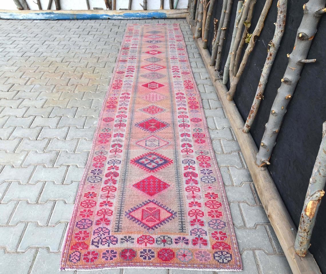 2'8x12'7 Ft, Vintage Runner, Herki, Turkish Runner, Nomadic, Hallway Runner, Handmade, Wool, Oushak Runner, Home Decor, Runner Rug, Pink Rug