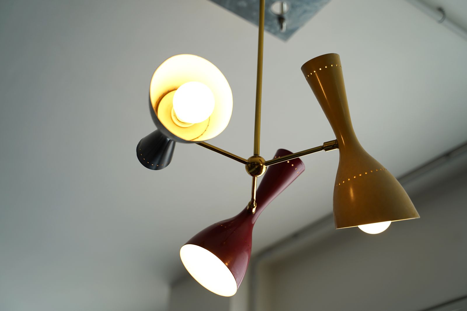 photo for sale Midcentury Italian Brass And Lacquered Aluminium Ceiling Lamp From Stilnovo, 1950s