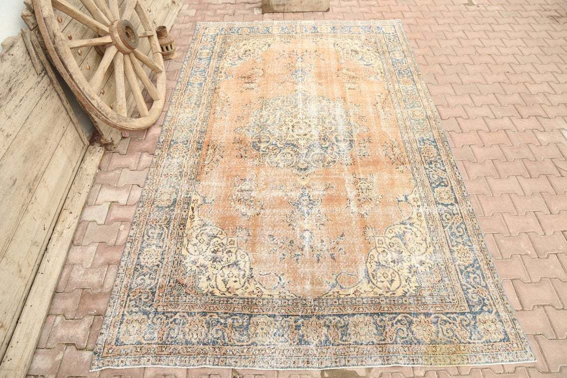 6.5x10.4, Turkish Rug, Vintage, Oriental, Beige Rug, Faded Orange, Navy Blue, Beige, Floral, Rugs, Traditional Rug, Area Rug, Turkey Rug