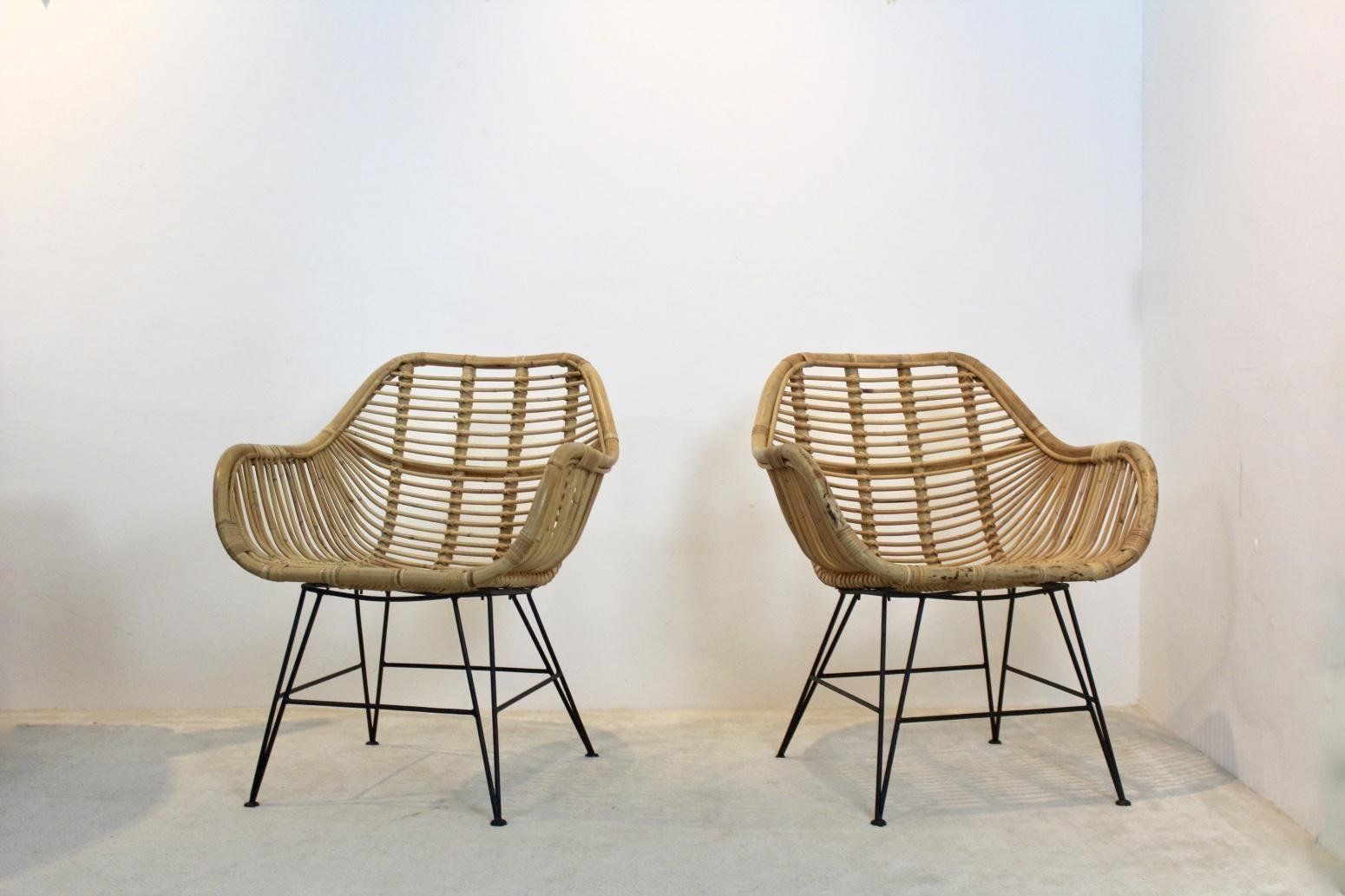 Dutch Wicker & Steel Chairs, Set Of 2