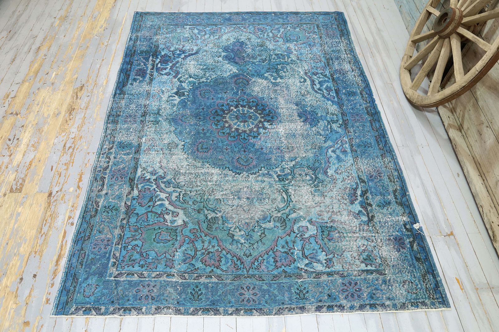 Turkish Blue Carved Area Rug, Distressed Wool Vintage Rug, Oushak Traditional Oriental Turkey Rugs