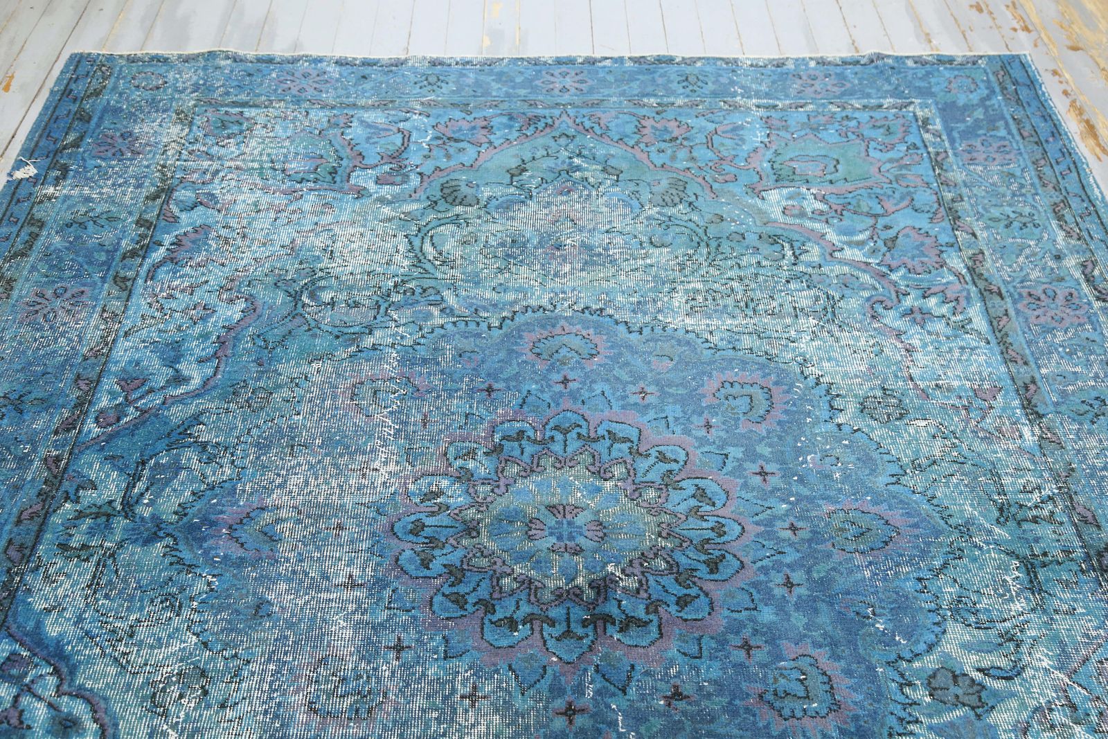 Turkish Blue Carved Area Rug, Distressed Wool Vintage Rug, Oushak Traditional Oriental Turkey Rugs photo 586.0