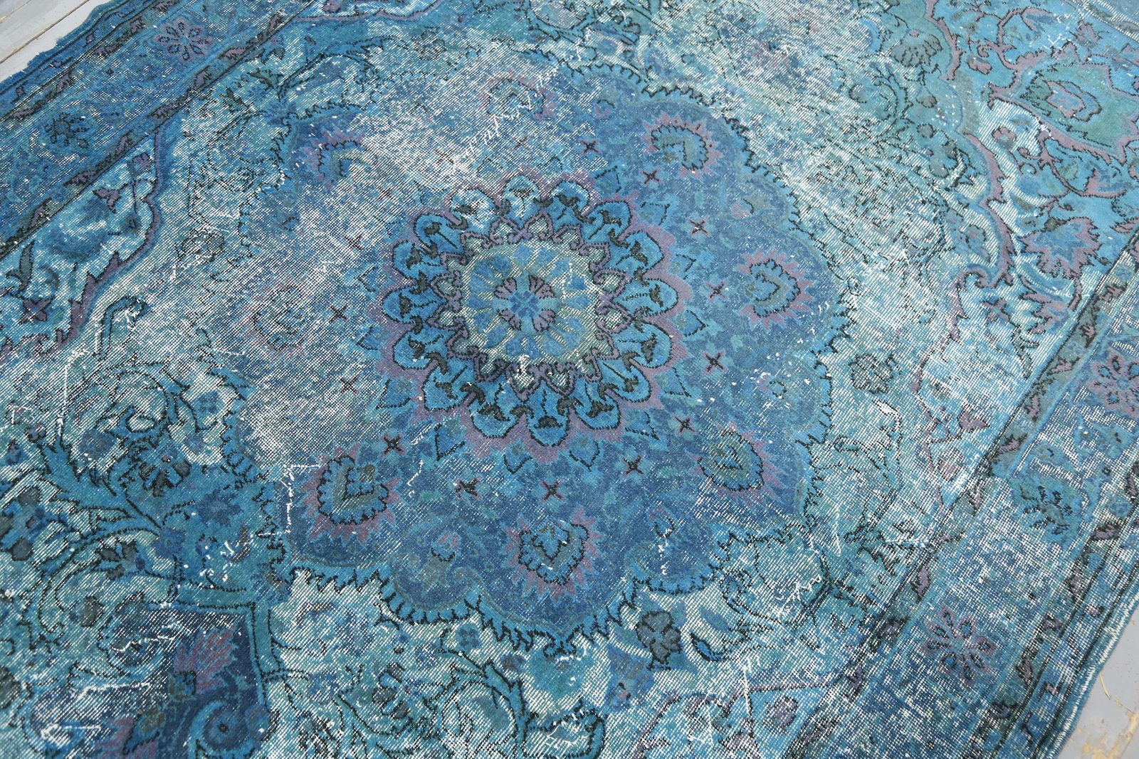 Turkish Blue Carved Area Rug, Distressed Wool Vintage Rug, Oushak Traditional Oriental Turkey Rugs photo vintage