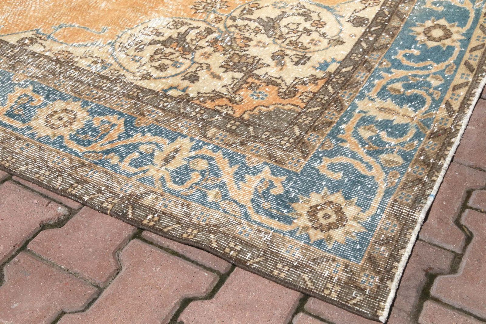 Mediterranean Area Rug, Handmade Rug, Faded Orange Oushak Rug, Anatolian Turkish Rug, Vintage Boho Chic Luxury Natural, Organic photo Textiles