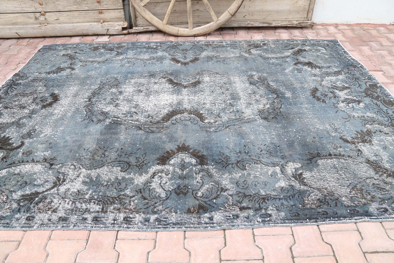Turkish Oushak Area Rug, Blue, Anatolian Vintage Rug, Hand Knotted Rug, Traditional Turkish, Distressed Luxury Carved Blue Teal Rug photo furniture