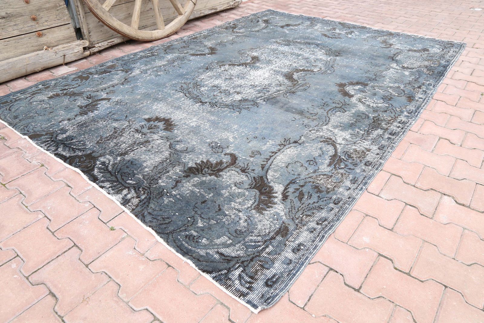 Turkish Oushak Area Rug, Blue, Anatolian Vintage Rug, Hand Knotted Rug, Traditional Turkish, Distressed Luxury Carved Blue Teal Rug photo for sale