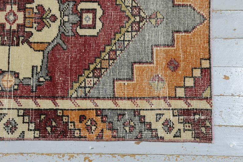 Vintage Oushak Turkish Runner Rug, Hallway Runner, Oriental, Wool Runner, Handmade, Geometric, Vibrant Faded Red, Beige photo buy
