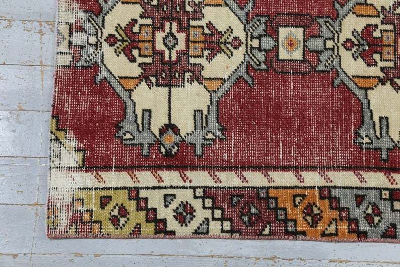 Vintage Oushak Turkish Runner Rug, Hallway Runner, Oriental, Wool Runner, Handmade, Geometric, Vibrant Faded Red, Beige photo vintage