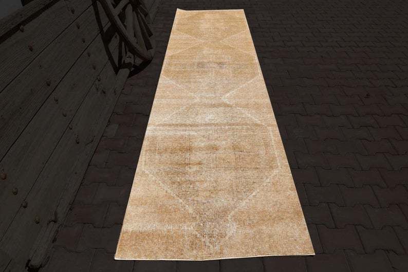 Hallway Turkish Beige Runner, Oushak Runner, Turkish Rug, Turkish Runner Rug, Turkey, , Tan, Brown, Vintage Rug, Faded Diamond