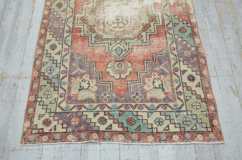 Turkish Vintage Runner, Distressed Oushak Runner Rug, Vintage Rug, Handmade, Distressed, Wool, Oriental, Floral, Red, Beige Runner photo Textiles