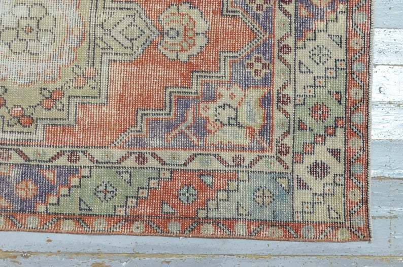 Turkish Vintage Runner, Distressed Oushak Runner Rug, Vintage Rug, Handmade, Distressed, Wool, Oriental, Floral, Red, Beige Runner photo vinterior