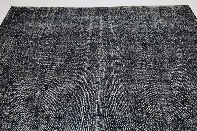 Handmade Vintage Rug, Over Sized Black Navy Blue Oushak Area Turkish Rug, 6.8x10.6, Vintage Bohemian Rug, Wool Rug, Carpet Distressed Modern photo Textiles