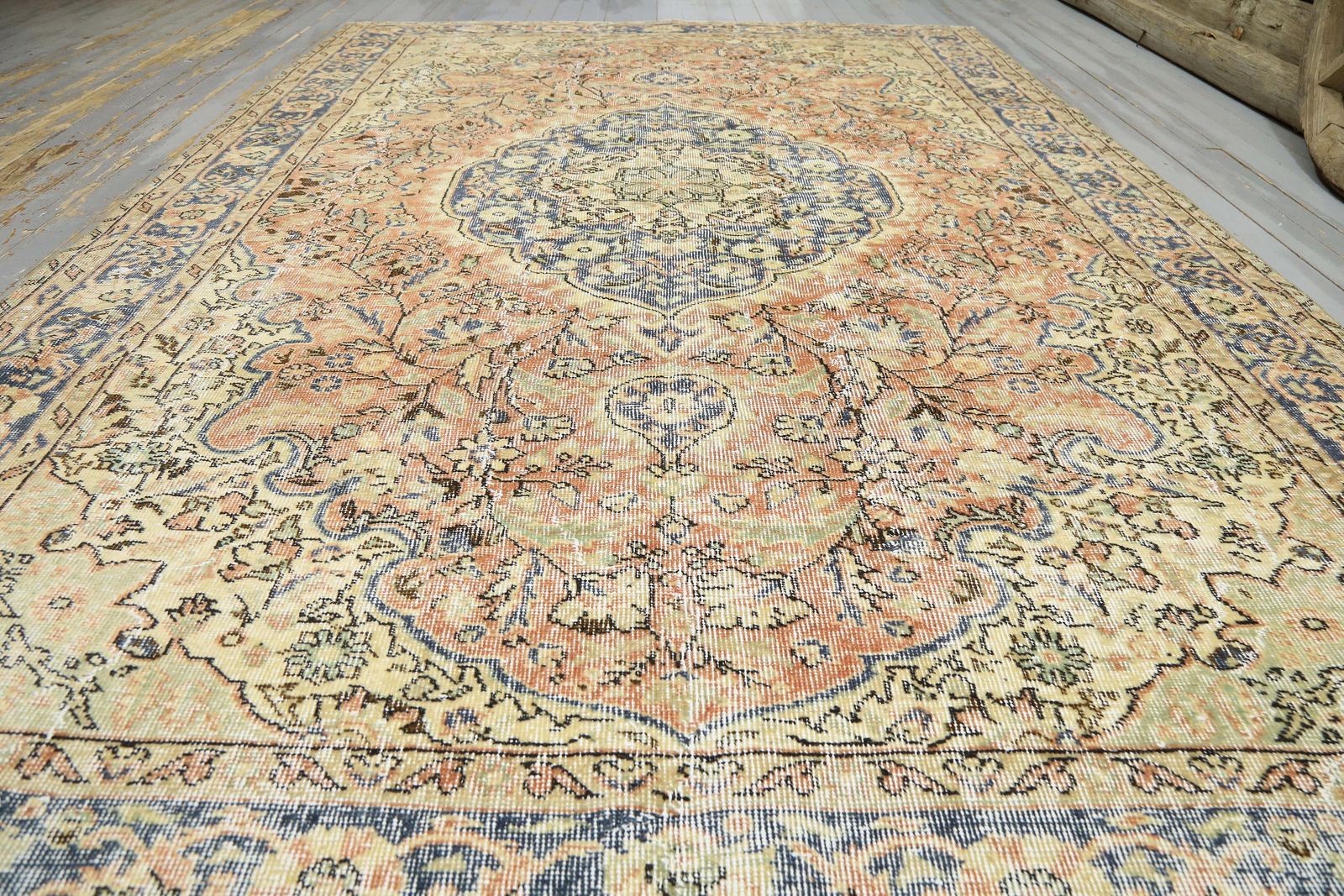 Mediterranean, Turkish Area Rug, Orange, Beige, Oushak Rug, Area Rug, Oriental Rug, Floral, Wool Rug, Distressed, Rugs photo for sale