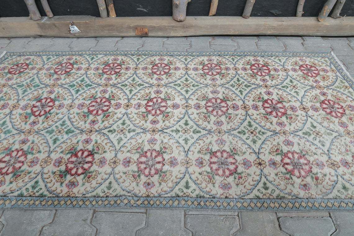 3.4x6.3 Ft, Turkish Oushak Vintage Rug, Wool Rug, Handmade, Turkey Rug, Boho Decor Rug, Nursery Rug, Flowers, All Over Floral, Authentic Rug photo for sale