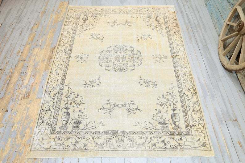 Turkish Rug 7x10.1 Vintage, Faded Orange Beige, Distressed Oushak Rug, Neutral, Rugs, Wool Area Rug, Bohemian Rug, Home Decor, Brown Motifs