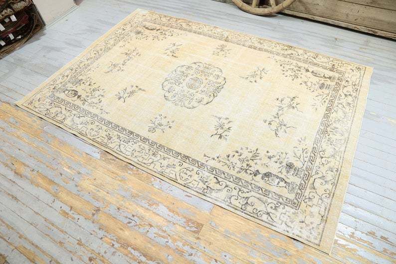 Turkish Rug 7x10.1 Vintage, Faded Orange Beige, Distressed Oushak Rug, Neutral, Rugs, Wool Area Rug, Bohemian Rug, Home Decor, Brown Motifs photo furniture