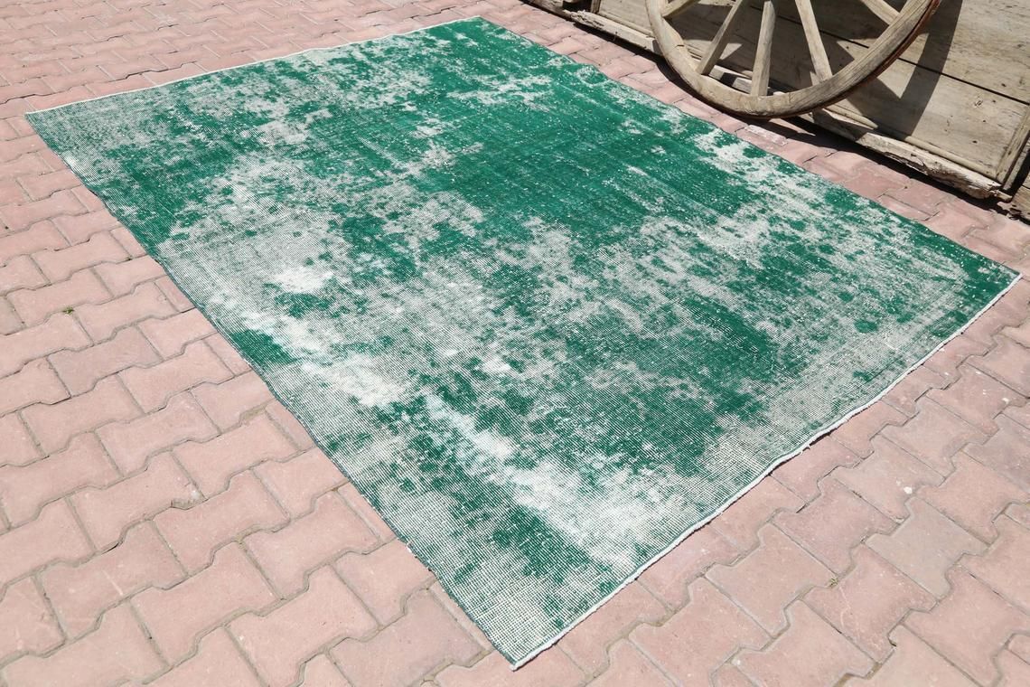 6.2x8.1, Turkish Vintage Oushak Rug, Green Area Rug, Handmade, Wool Rug, Living Room Rug Decor, Distressed Rug, Grass, Turkey Rug Faded photo furniture