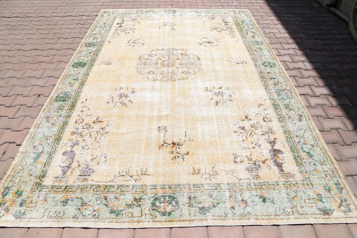 7.4x10.6, Vintage Turkish Rug, Aegean, Distressed, Area Rug, Home Decor, Living Room Rug, Floral Neutral, Oushak Wool, Beige, Green, Rugs