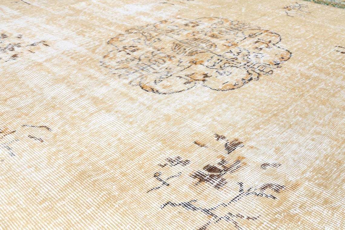7.4x10.6, Vintage Turkish Rug, Aegean, Distressed, Area Rug, Home Decor, Living Room Rug, Floral Neutral, Oushak Wool, Beige, Green, Rugs photo 798.0