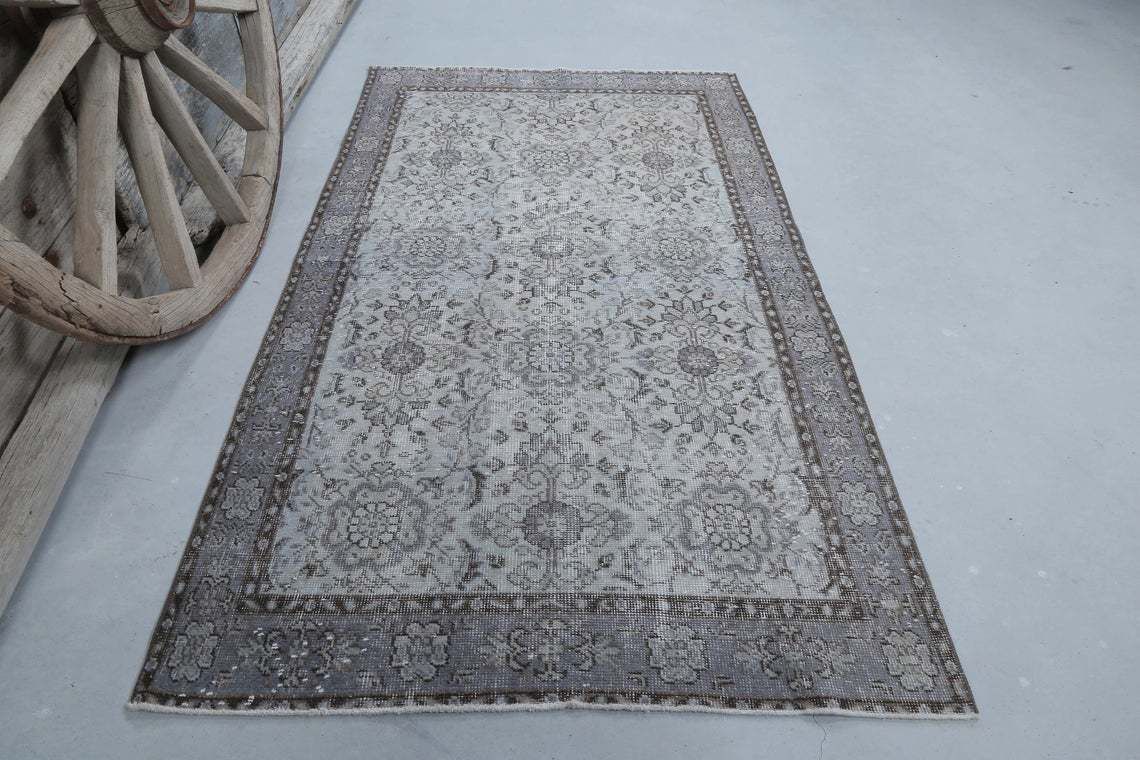 3.7x6.6, Turkish Vintage Neutral Gray Beige Rug, Oushak Rug, Wool Room Decor, Floral, Living Room Rug, Natural Faded Pastel Purple, Grey Rug