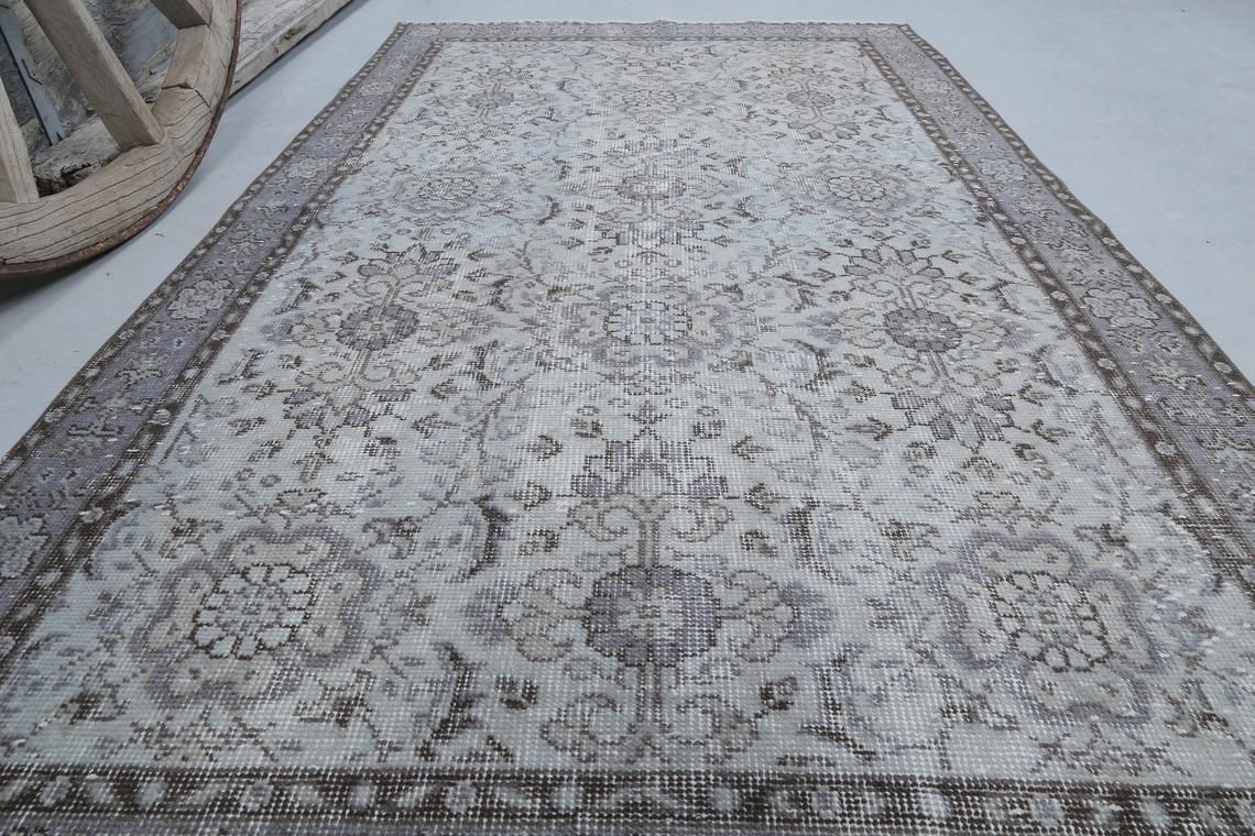 3.7x6.6, Turkish Vintage Neutral Gray Beige Rug, Oushak Rug, Wool Room Decor, Floral, Living Room Rug, Natural Faded Pastel Purple, Grey Rug photo furniture