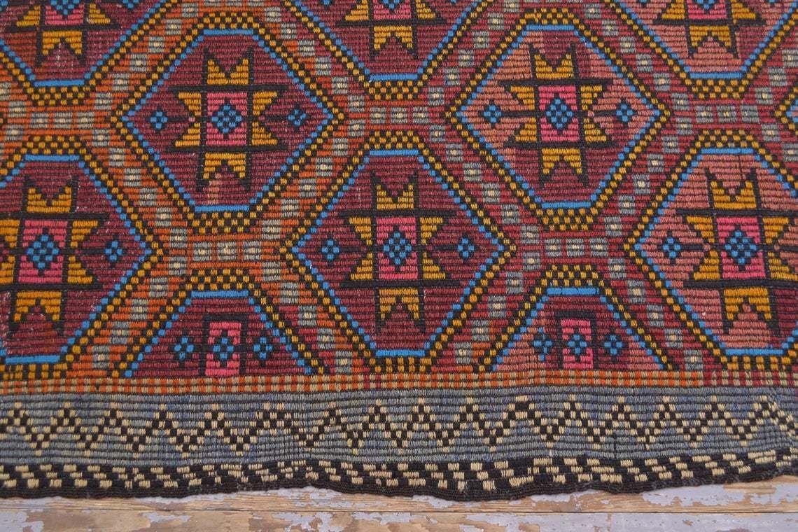65x97, Turkish Kilim, Flatweave Rug, Vintage Kilim, Oushak Kilim, Handmade, Wool Kilim, Large , Area Kilim, Geometric, Manta, Orange, Blue photo Textiles