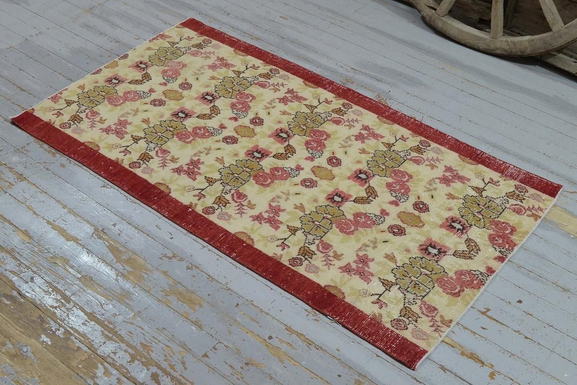 3.4x5.9, Turkish Rug, Throw Rug, Vintage Rug, Turkish Rug, Oushak Bohemian Rug, Home Decor, Boho Rug, Area Rug, Kitchen Beige Red Bordered photo for sale
