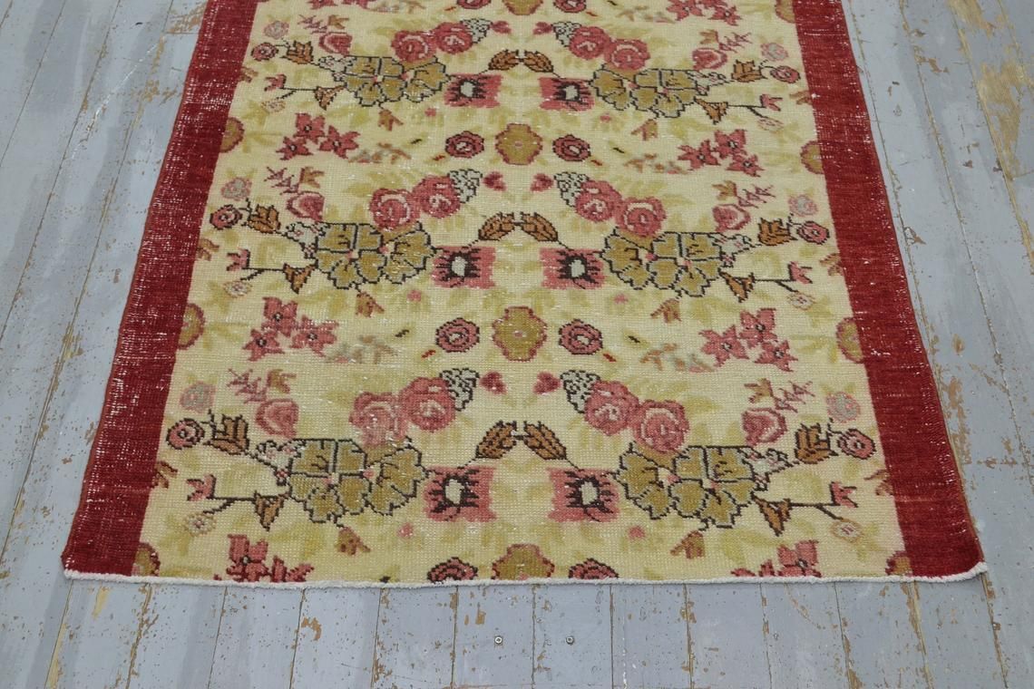 3.4x5.9, Turkish Rug, Throw Rug, Vintage Rug, Turkish Rug, Oushak Bohemian Rug, Home Decor, Boho Rug, Area Rug, Kitchen Beige Red Bordered photo 169.0