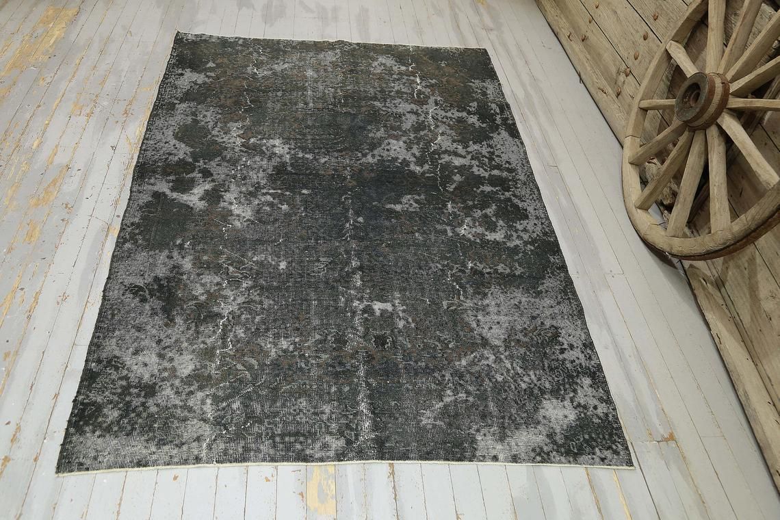 5.7x8.5, Black Faded Turkish Vintage Rug, Distressed, Area Rug, Oushak Rug, Wool Rug, Room Decor, Floral Rug, Living Room Rug, Turkey Rug