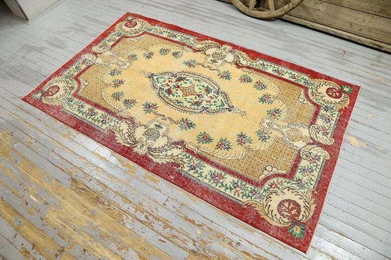 5.5x9.1, Antique Turkish Rug, Bohemian Rug, Natural Oushak Rug, Turkey Rug, Area Rug Carpet Beige Red Green Floral Wool Rug, Floral Rug photo furniture