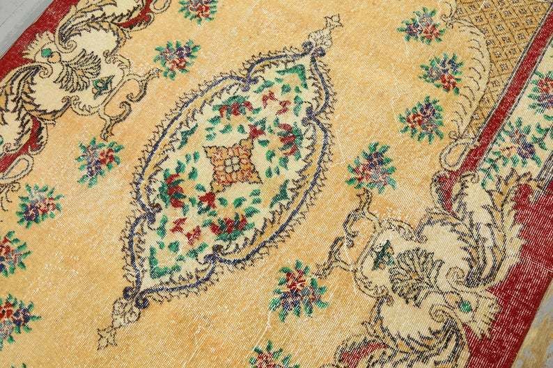 5.5x9.1, Antique Turkish Rug, Bohemian Rug, Natural Oushak Rug, Turkey Rug, Area Rug Carpet Beige Red Green Floral Wool Rug, Floral Rug photo vintage