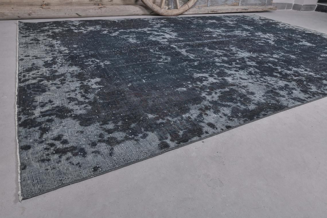 7x10.8 Distressed Black Dark Blue Vintage Turkish Faded Rug, Oushak Rug, Farmhouse Decor, Home Decor, Wool Rug, Area Rug, Modern, Decor photo furniture