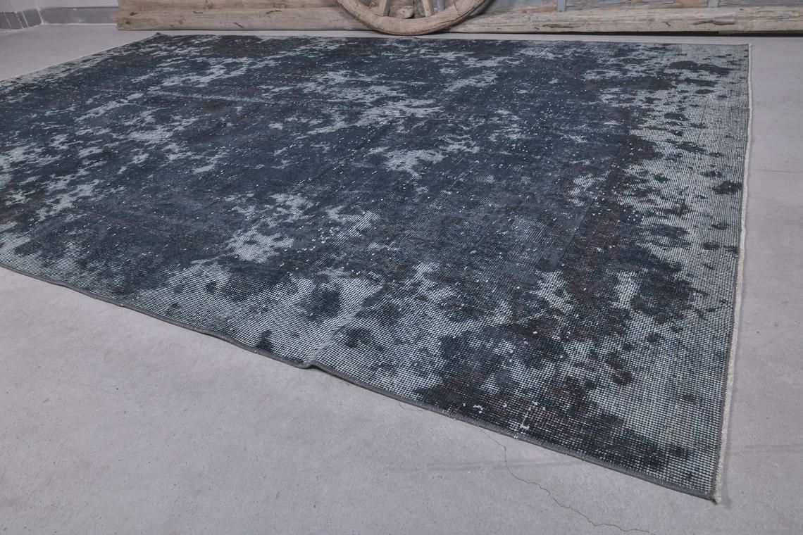 7x10.8 Distressed Black Dark Blue Vintage Turkish Faded Rug, Oushak Rug, Farmhouse Decor, Home Decor, Wool Rug, Area Rug, Modern, Decor photo Textiles