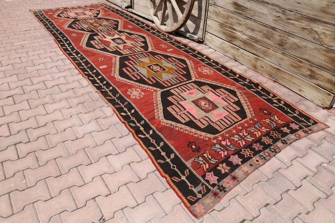 5x16 Kilim, Flatweave Rug, Wide Runner, Runner Rug, Wide Runner, Hallway Runner, Vintage Red, Modern, Black, Brown Pink Geometric Floral photo furniture