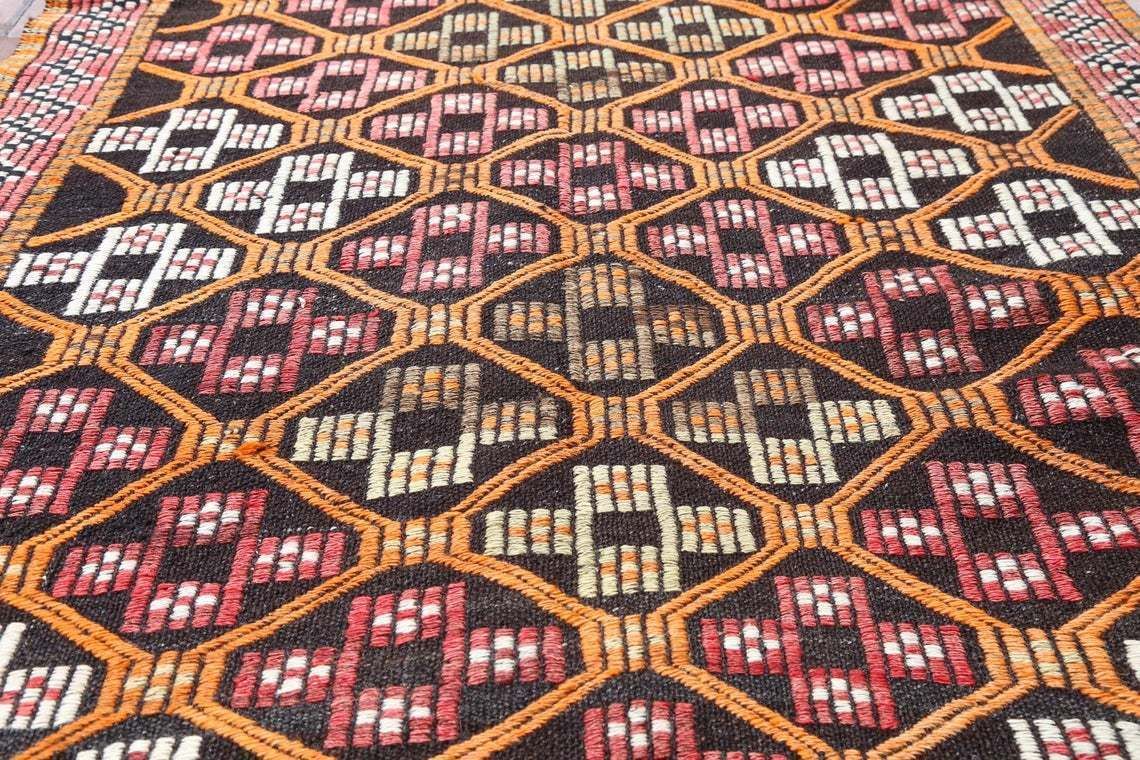 4x102, Turkish Kilim Wide Flatweave Runner, Vintage Oushak Kilim, Wool, Handmade, Hallway Runner, Home Decor, Turkish Runner, Red, Orange photo vinterior