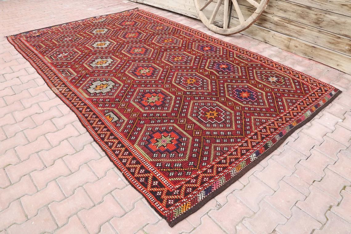 6.8x11.2, Flatweave Rug, Red Burgundy Claret Kilim Turkish Vintage Handwoven Traditional Rug, Area Rug, Wool Rug, Oriental Rug, Turkey Rug photo furniture