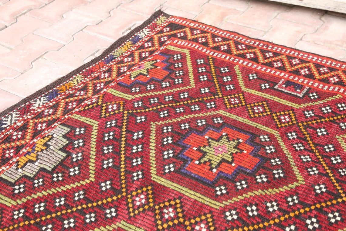 6.8x11.2, Flatweave Rug, Red Burgundy Claret Kilim Turkish Vintage Handwoven Traditional Rug, Area Rug, Wool Rug, Oriental Rug, Turkey Rug photo Textiles