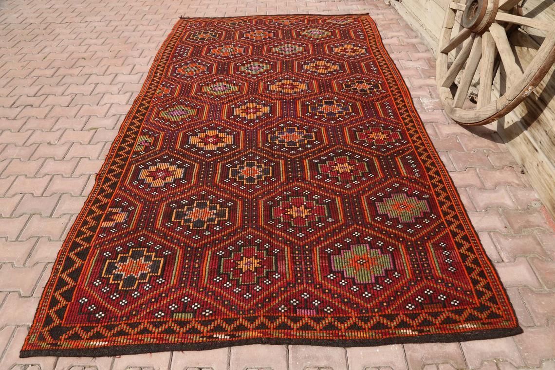 6x10.6 Flatweave Kilim Rug, Turkish Vintage Rug, Oushak Rug, Geometric Rug, Area Rug, Wool Rug, Oriental Rug, Turkey Rug, Diamond Red Rug