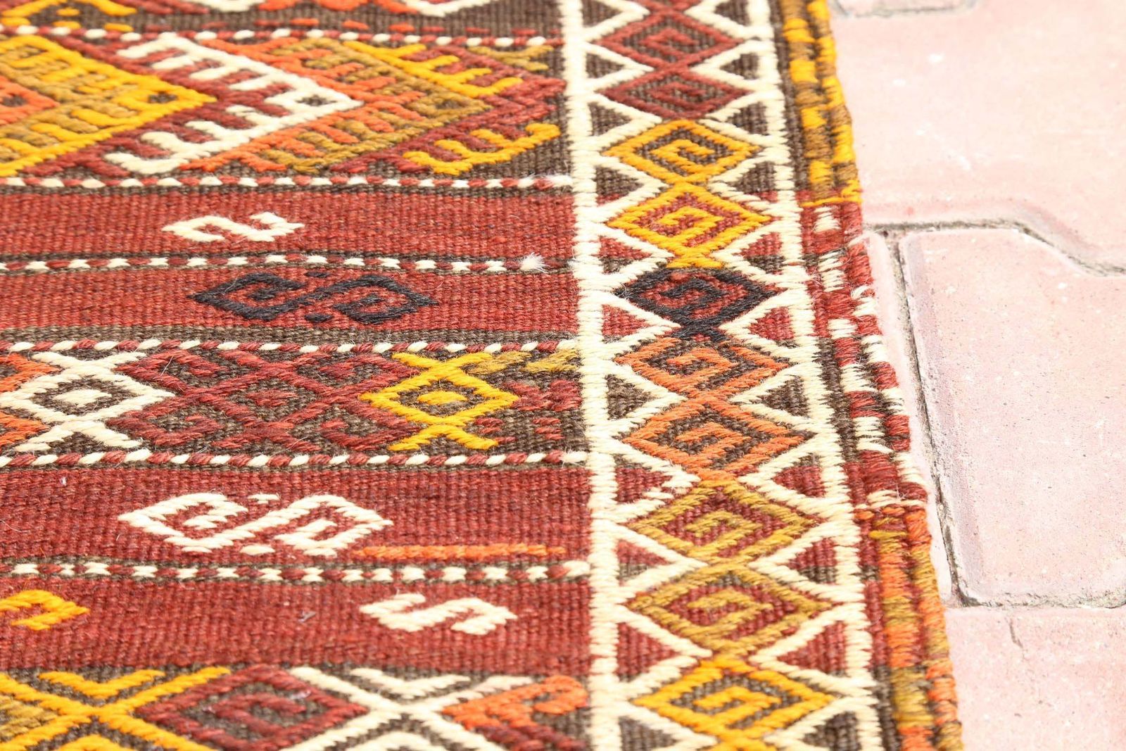Turkish Kilim, Flatweave, Vintage Oushak, Wool, Handmade, Area Rug, Room Decor, Turkish, Red, Yellow Diamond photo vinterior