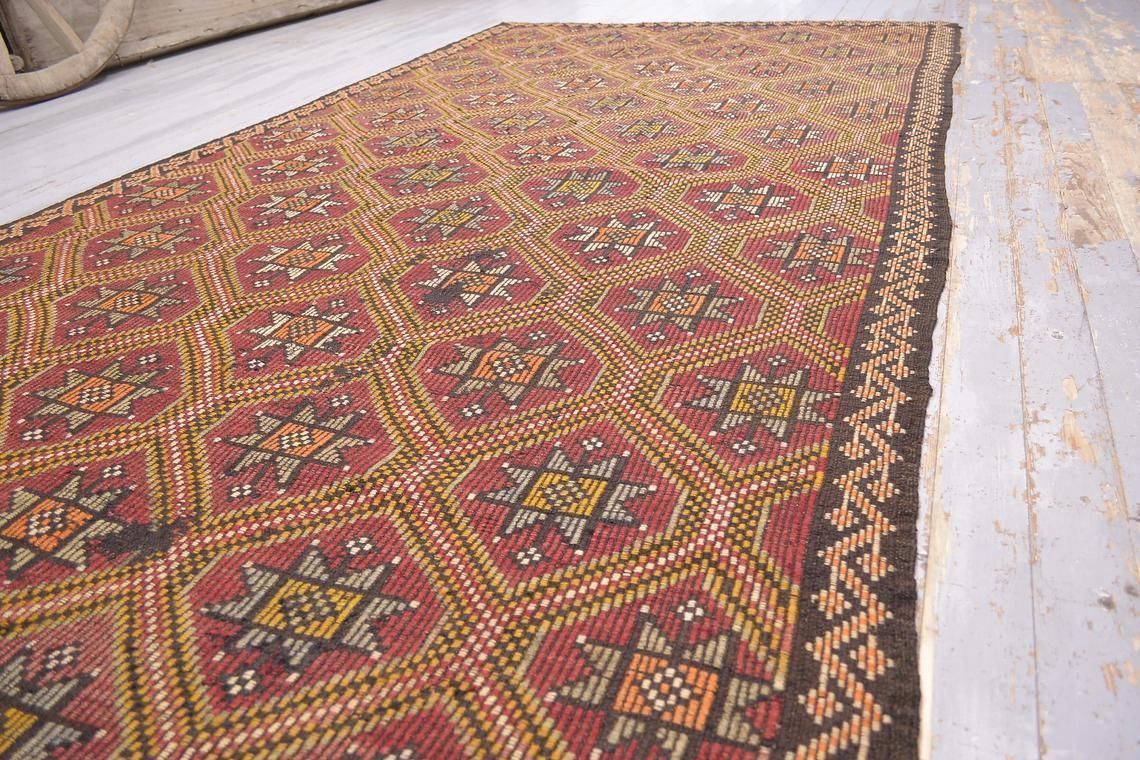 6x10 Kilim Turkish Vintage Rug, Flat Weave Anatolian Rug, Alfombra, Area Rug, Faded Red Orange Geometric Area 5.5x10.2 photo for sale
